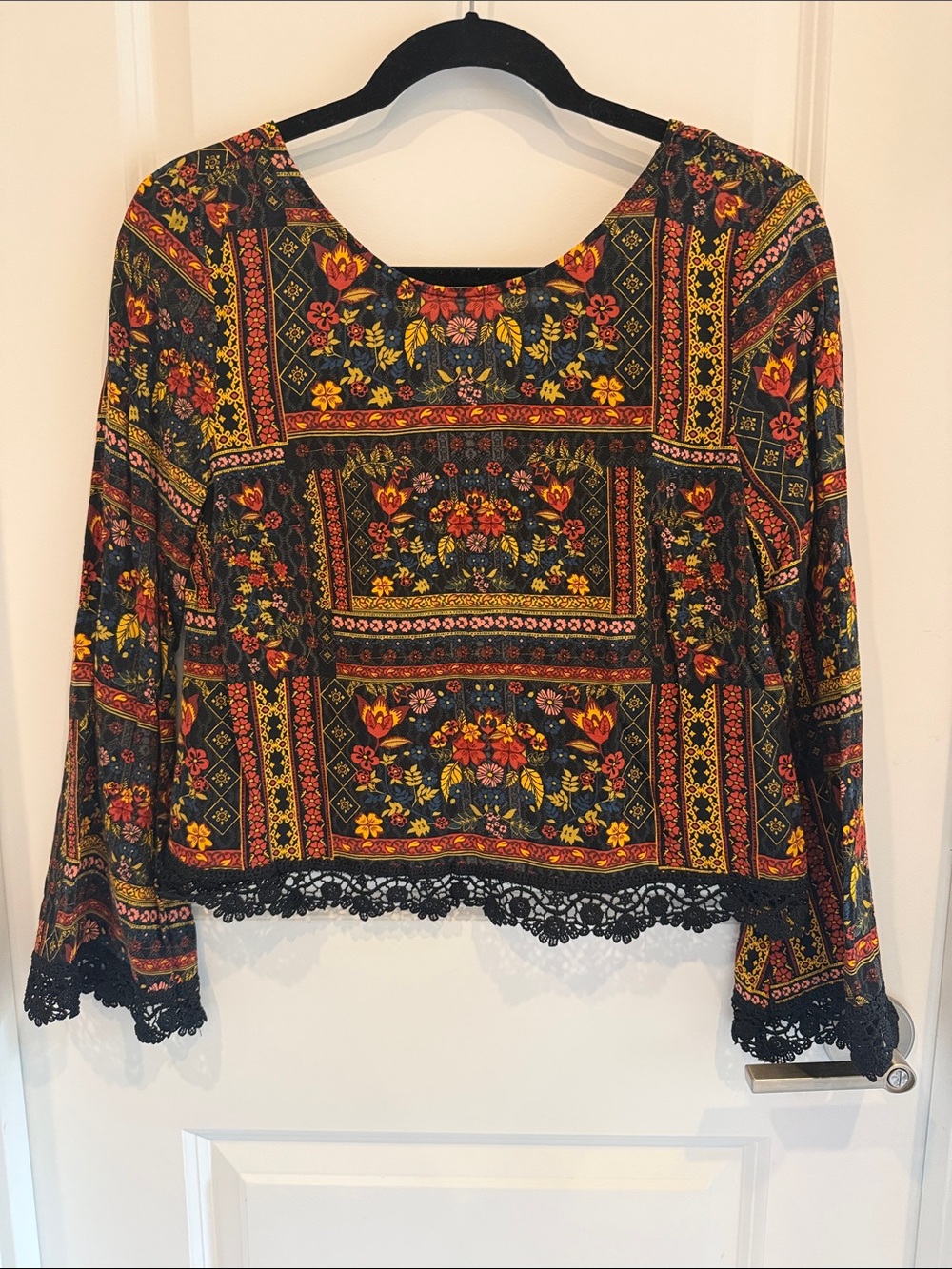 H&M Coachella Black Floral Patchwork Lace-Hem Cropped Top